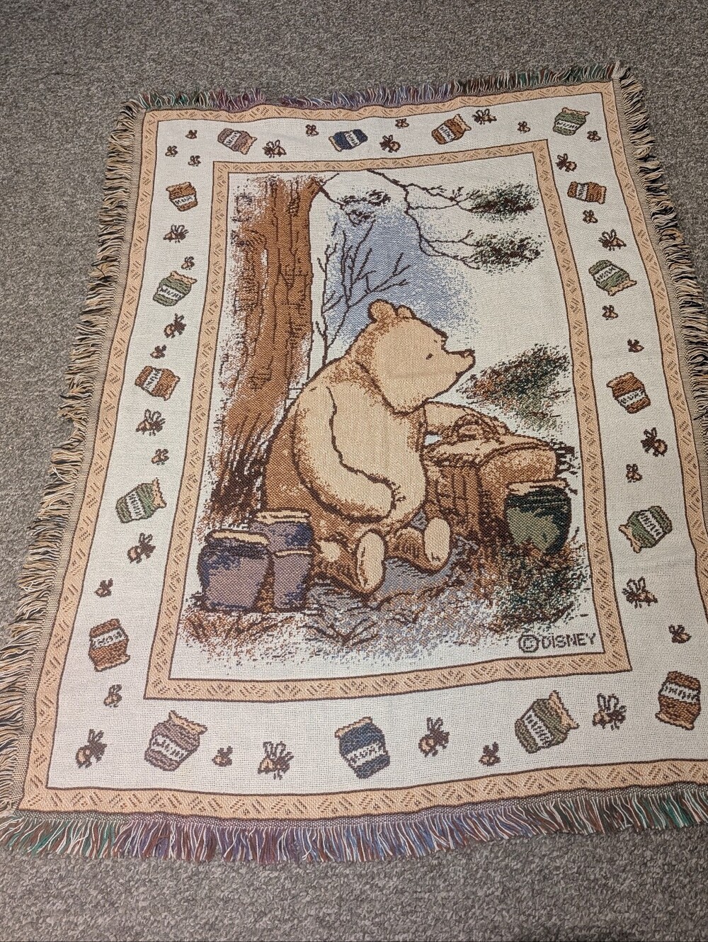 Vintage Disney Winnie The Pooh Goodwin Weavers Woven Tapestry Blanket Throw.